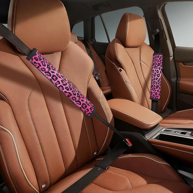 Car Seat Belt Pad Pink Leopard 2 Pack Soft Seat Belt Cover for Shoulder Pad Protector Cheetahs Animal Car Accessories Seat Belt Cushion Cheetah Animal Girly Cute Safety Strap Cover