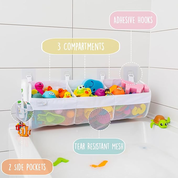 Comfylife Large Bath Toy Organizer with Letters and Numbers – 3 Compartment Bath Toy Holder for Bathtub & Shower – Quick-Dry Mesh with 4 Strong Adhesive Hooks
