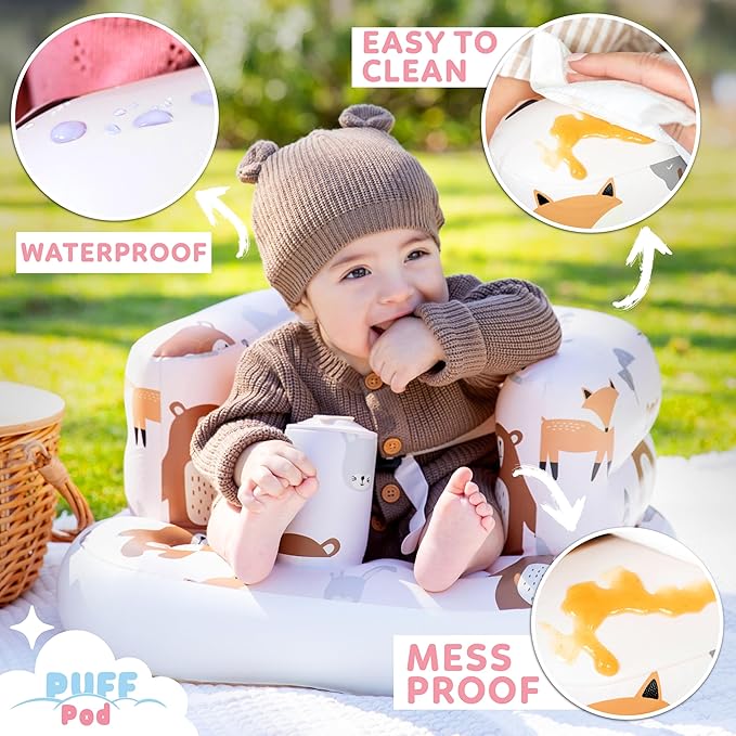 Inflatable Chair for Baby with Safety Harness, Built-in Pump & Non-Slip Base – Infant Sit Up Seat for 3-36 Months, Portable Blow Up Baby Chair for Travel, Easy to Clean