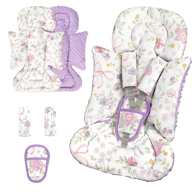 SWESEN Infant Car Seat Insert with 3 Strap Covers Set, Car Seat Head Support Baby for Girls, Soft 3 in 1 Baby Car Seat Cushion for Strollers, Bouncers, Swing, Purple Floral
