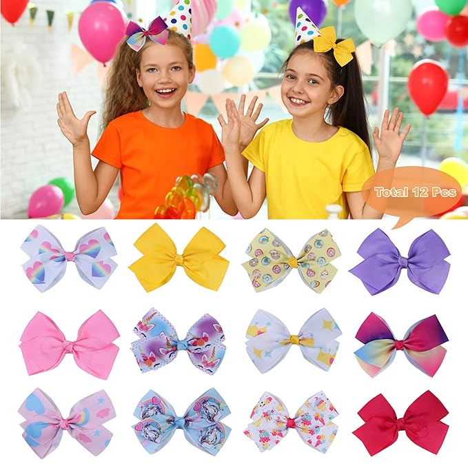 5" Hair Bows for Girls Colorful Little Girl Hair Bows Rainbow Heart Grosgrain Alligator Clip Bow for Toddler Girls Children Kids 12 Pcs