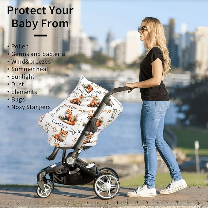 Personalized Fox Baby Car Seat Cover with Name,Multi-Use Canopy for Nursing, Strollers,Shopping Carts,Customized Breastfeeding Cover, Full Privacy,Infant Stroller Cover