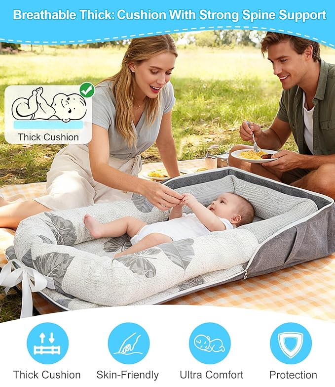 Baby Lounger, Portable Foldable Travel Lounger for Newborn 0-12 Month, Washable Lightweight Infant Nest with Canopy, Soft Breathable Baby Nest with Adorable Pattern, Home & Outdoor Use