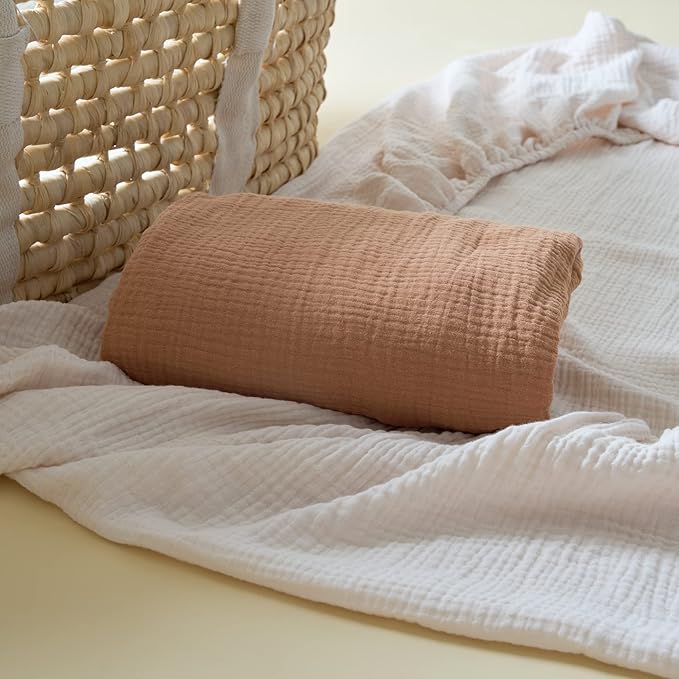 Meracorallo Muslin Mini Crib Sheet, Pack n Play Fitted Sheet, Soft and Breathable Pack and Play Playard Mattress Sheet for Baby Boys and Girls (Camel)