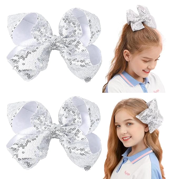 6 Inch Silver Sparkly Glitter Sequin Hair Bows for Girls Toddlers Kids Children Teenage (2PCS)