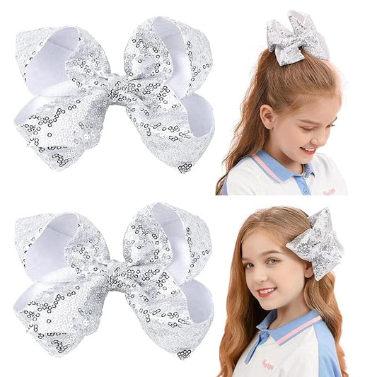 6 Inch Silver Sparkly Glitter Sequin Hair Bows for Girls Toddlers Kids Children Teenage (2PCS)