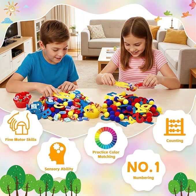 Sensory Bin Filler Set with Pom Poms, Sensory Bin Fillers for Fine Motor Development Counting and Sorting for Fine Motor Skills, Back to School Learning Activities