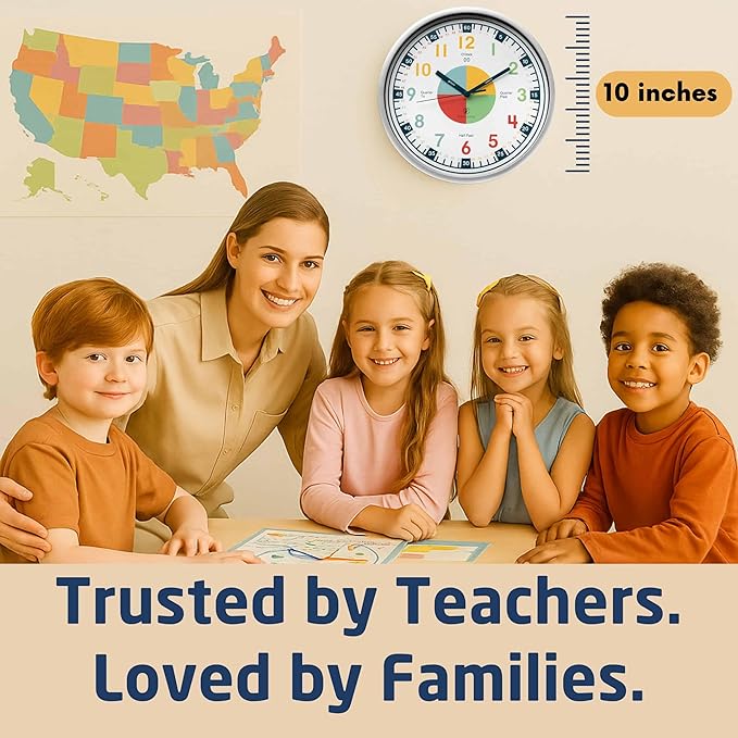 OWLCONIC Clock for Kids – Educational Analog Learning Wall Clock, Non Ticking Teaching Clock for Classroom & Homeschool, Silent Kids Bedroom Décor Multicolor