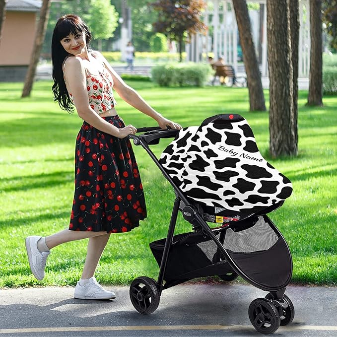 Personalized Cow Stripes Baby Car Seat Covers with Name, Custom Nursing Cover Breastfeeding Scarf Soft Breathable Stretchy Coverage, Infant Stroller Cover for Boys Girls