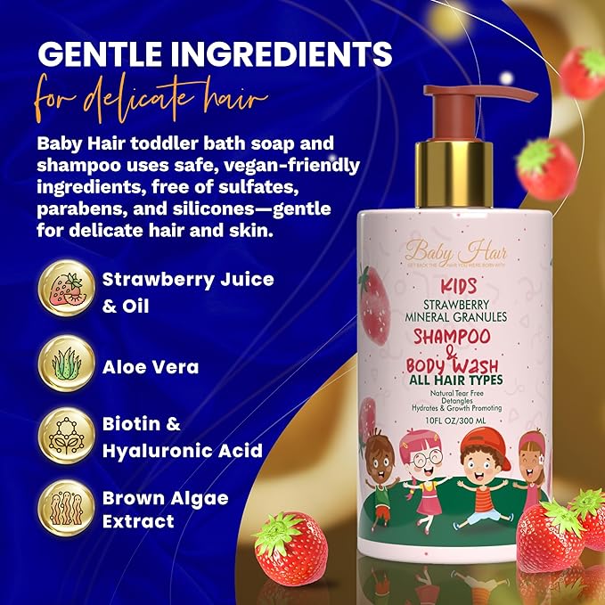 Baby Hair - Strawberry Mineral Kids Shampoo/Body Wash, Sulfate-Free Kids Tearless Shampoo and Body Wash, Shampoo For Kids with Strawberry Oil, Camellia Oil, and Biotin, No Tears Shampoo, 10 fl.oz.