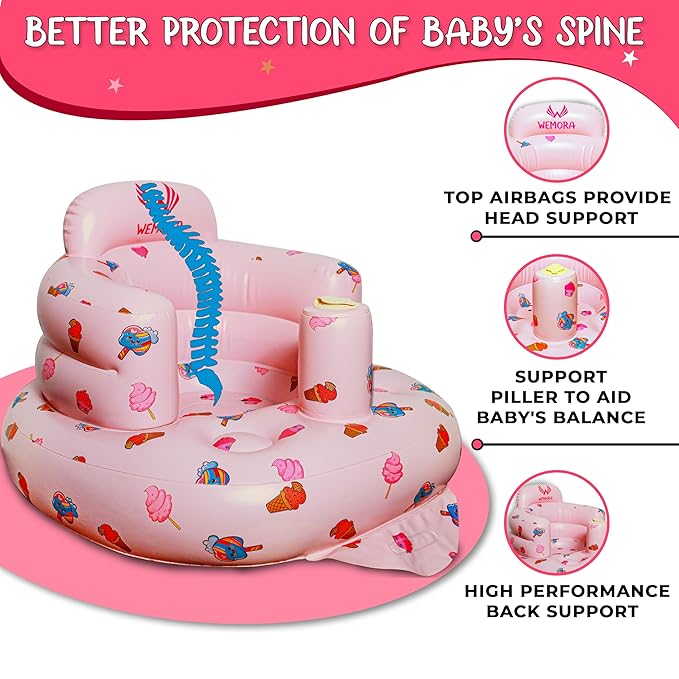 Inflatable Baby Seat for Babies 3-36 Months Blow Up Chair for Babies Infants Toddler Floor Sitting Up with Built in Air Pump (Pink, Ice Cream)