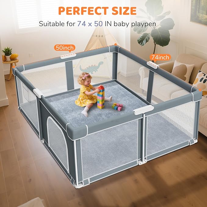 Omzer Baby Play Mat for Floor - 1.3" Thick Foam 74x50 Inch Playpen Mats with Removable & Washable Cover for Tummy Time, Soft Coral Velvet & Non-Slip Crawling Pad for Babies, Toddlers, Infants - Grey