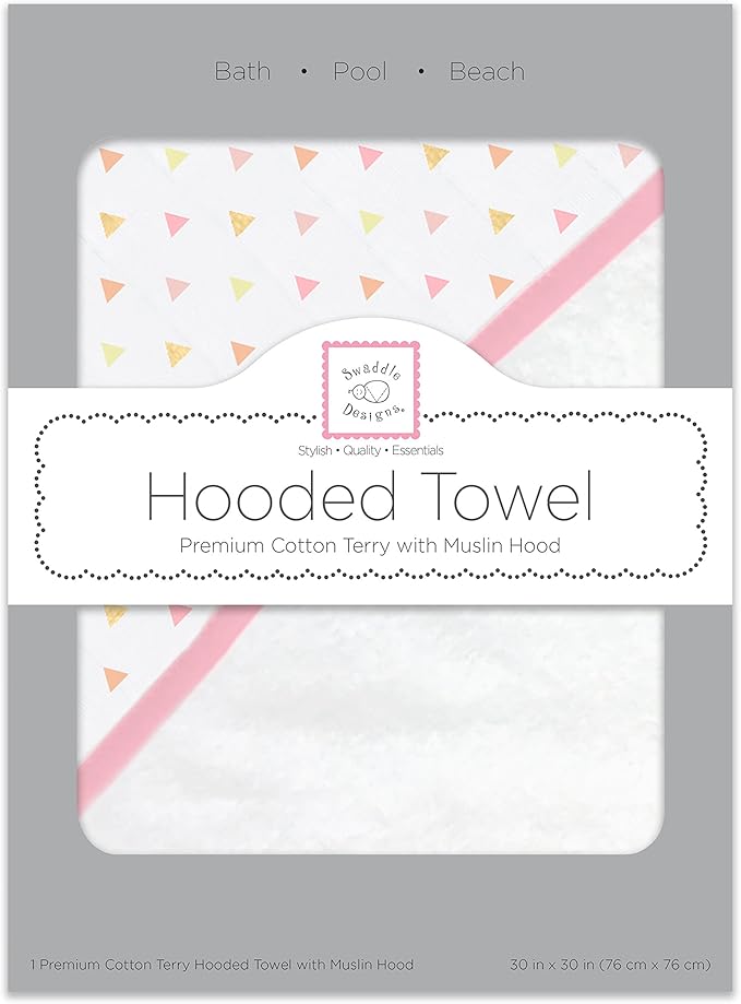 SwaddleDesigns Cotton Terry Baby Hooded Towel, Tiny Triangle Shimmer, Pink