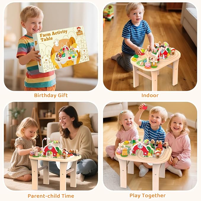 Weilim Montessori Activity Table for 1 Year Old — Wooden Sensory Table Baby Activity Center with Bead Maze, Shape Sorter, Train Track, Farm Toddler Toy, Educational Standing Play Toys, Kids 12+ Months