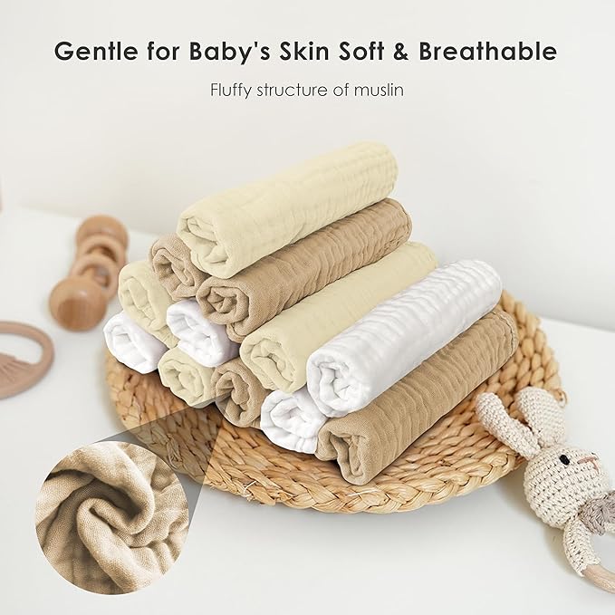 Sunny zzzZZ Baby Muslin Washcloths -100% Cotton Muslin Soft Baby Bath Wash Cloths and Absorbent Burp Cloths for Newborns Kids Girls and Boys -12 Pack, 12x12 Inches - White+Ivory+Brown