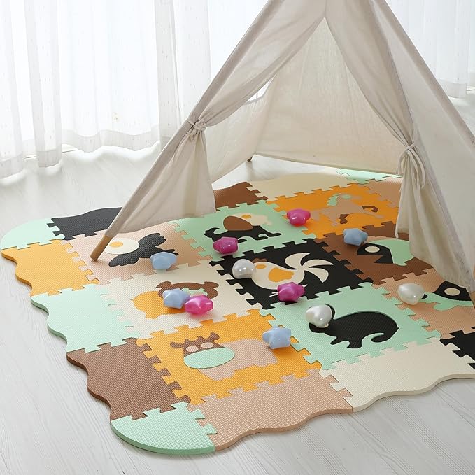 Foam Play Mat for Kids，25Pcs Square Interlocking Puzzle Floor Mat，Baby Play Mat Floor Mat Foam Puzzle Playmat for Toddlers with Fence（Animal-CSH005