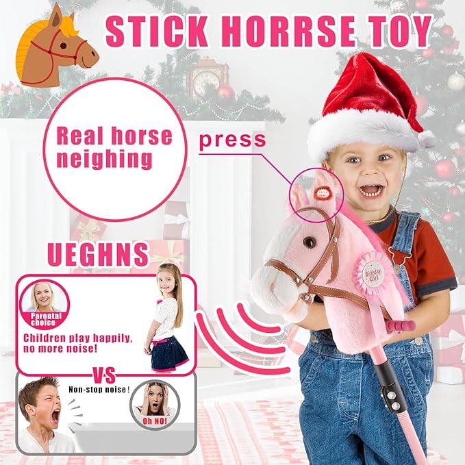 Stick Horse, Hobby on a Stick for Children Ages 4-12 Adjustable 30-51" Length with Illuminated Silent Wheels Comfortable Sponge Wrapped complimentary Battery Realistic Horse neighs.