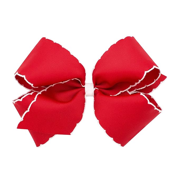 Wee Ones Girls' Classic Grosgrain Moonstitch Edge Hair Bow, No-Slip Hair Clip, Handmade, Red with White, King