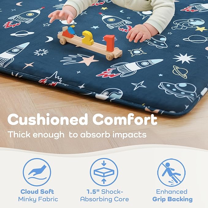 1.5" Thick Premium Baby Floor Play Mat, 50x50 Padded Memory Foam Mat, Tummy Time Crawling Playmat for Nursery Playroom Classroom, Space Adventure