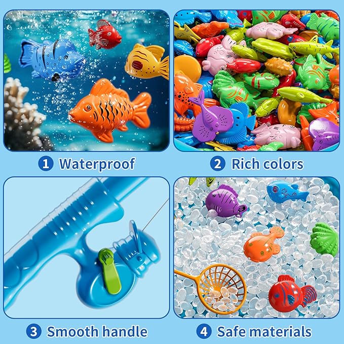 Magnetic Fishing Game Toys for Kids Toddlers 3-5 4-8, Water Table Bathtub Toys with Inflatable Pool Pole Rod Net Floating Fish, Water Bath Pool Outdoor Toys for Boys Girls Age 3 4 5 6 7 8 Year Old