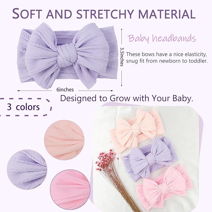 LemonSpace Handmade Baby Girls Headbands Soft Stretchy Nylon Hair Bands Hair Accessories with Bows for Newborn Baby Girls Infant Toddlers Kids (Violet Pink)