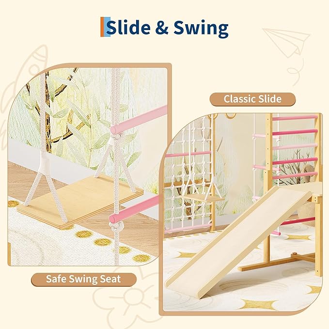 PeakPursuit 8-in-1 Indoor Jungle Gym for Kids Ages 3-10, Wooden Climbing Structure with Slide, Swing, Monkey Bars, Gymnastic Rings, Climbing Rope – Indoor Playground Toy – Natural Wood Pink