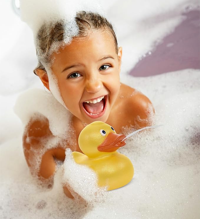 DolliBu Metallic Yellow Duck Bath Buddy Squirter - Floating Yellow Duck Rubber Bath Toy, Fun Water Squirting Bath Time Play for Toddlers, Animal Toy for Bathtub, Beach, and Pool for Girls and Boys