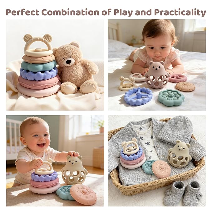 Baby Bear Teething & Stacking Toy Set - Teething Toys Silicone Teethers, Soft Baby Stacker Rings Teether, Learning Toy Gift for Boys and Girls 6+ Months (Beige)
