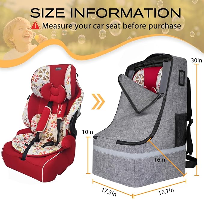 LARIPOP Car Seat Travel Bag for Airplane, Universal Gate Check Car Seat Bag, Padded Backpack with Waist Belt, Reflective Strips & Protective Feet, Fits Infant Convertible Booster Seats, Grey