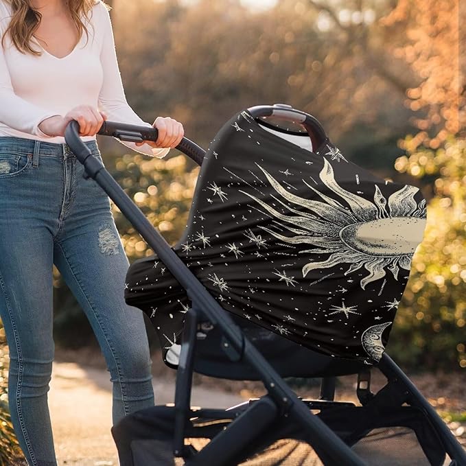Moon and Sun Car Seat Canopy Breastfeeding Cover,Multi Use Baby Stroller and Carseat Cover Nursing Covers Boys and Girls Shower Gifts,Black