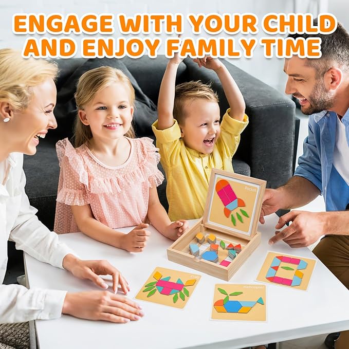 Wooden Magnetic Pattern Blocks Set, 130 PCS Montessori Tangram Puzzle with Design Cards, STEM Educational Learning Toys for Toddlers & Kids Ages 4-8, Creative Gift for Boys & Girls