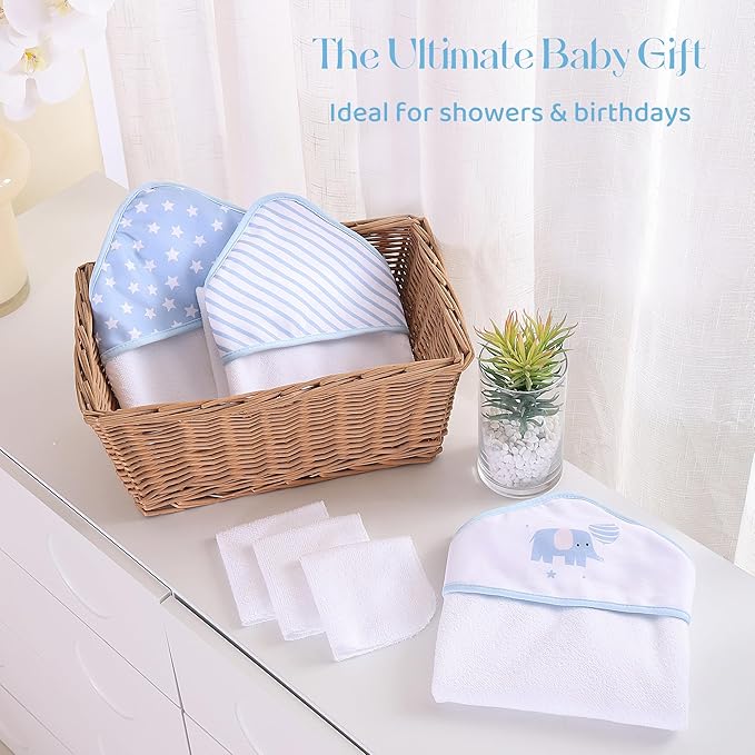 Mooreeke Baby Towel with Hood for Boys Blue Elephant Bath Towel for Babies Ultra Soft Absorbent 3 PCS Baby Towels and 3 PCS Washcloths for Newborn Essentials