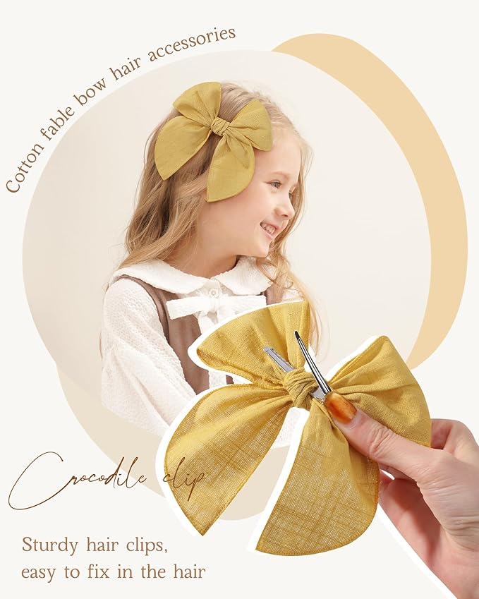 doboi 8PCS Baby Girls Hair Clips Fable Hair Bows Cotton Linen Bows for Girls Hair Accessories for Baby Girl Toddlers Kids-Yellow