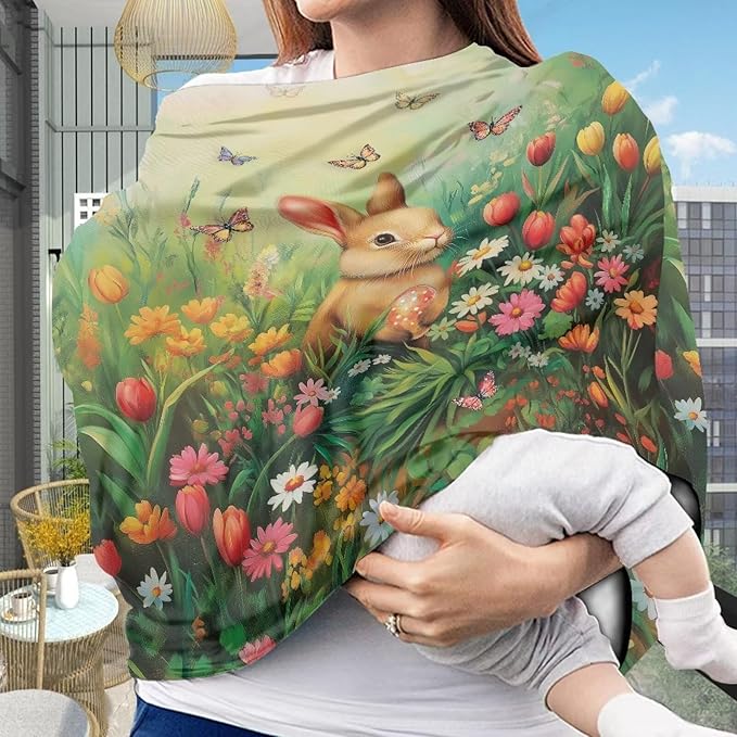 Wanyint Easter Rabbit Butterfly Flower Car Seat Covers Baby Car Canopy Shopping Cart Cover Scarf Lightweight Stroller Cover Women Mother Nursing Breastfeeding Covers