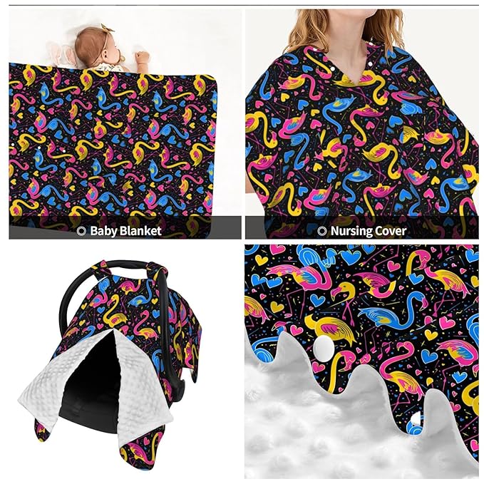 Neon Pink Neon Blue Yellow Flamingos Baby Car Seat Canopy and Nursing Cover for Breastfeeding Multi-Use Cover Lightweight Infant Stretchy Carrier Carseat Winter Cover for Newborn Girls Boys
