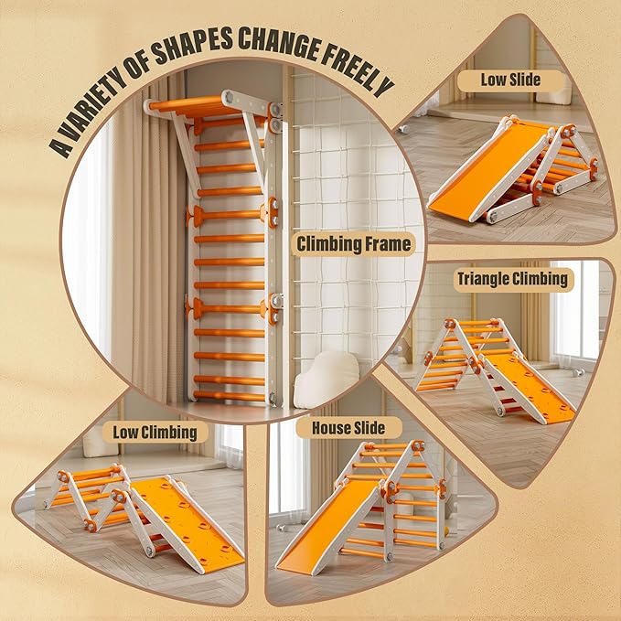 Indoor Jungle Gym,Kids Pikler Triangle Set,Multifunction Toddler Climbing Toys Foldable Montessori Play Gym with Slide(Orange)