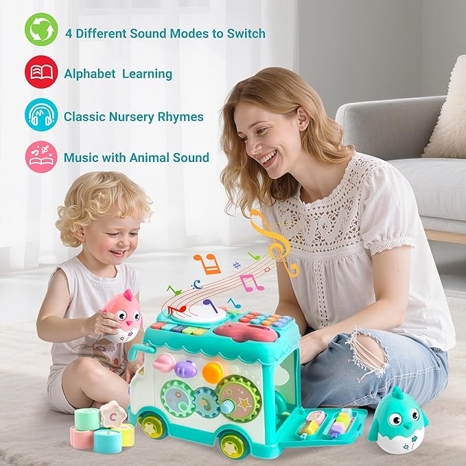 Toys for 1 Year Old Girl Gifts, 10-in-1 Montessori Toys Bus for Baby 6-12 12-18 Months, Educational Musical Learning Toddler Toy Age 1-2, 1st First Birthday Gifts for Girls and Boys, Blue