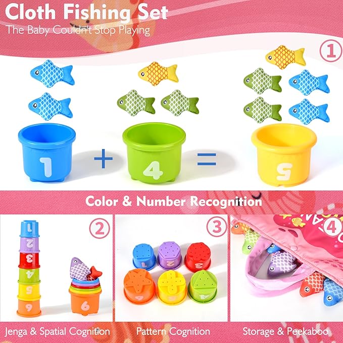 Montessori Toys for 1 Year Old - 20PCS Cloth Toddler Pink Fishing Game with Stacking Cups,Baby Color Sorting Toy 12-18 Months One Year Old Birthday Gift,Best Easter Gifts for 1-3 Year Olds