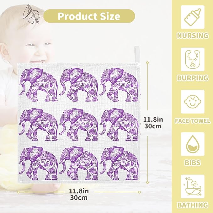 vvfelixl Baby Muslin Washcloths Purple Outline Elephant Baby Burp Cloths Cotton Babys Face Towel for Newborn Infants Boys Girls Soft and Absorbent 11.8 X 11.8 in, 3 Pack
