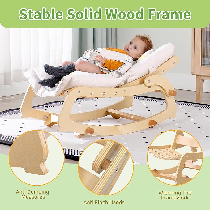 MallBest 3-in-1 Baby Rocker Chair with Double Cushions, for 0-12 Months, Adjustable Wooden Infant Rocker with Removable Cushion and 5-Point Harness for Infant to Toddler (Beige)