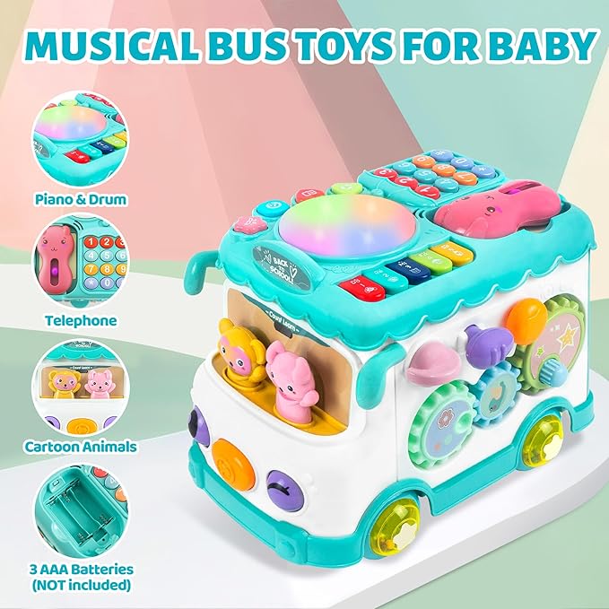 Toys for 1 Year Old Girl Gifts, 10-in-1 Montessori Toys Bus for Baby 6-12 12-18 Months, Educational Musical Learning Toddler Toy Age 1-2, 1st First Birthday Gifts for Girls and Boys, Blue