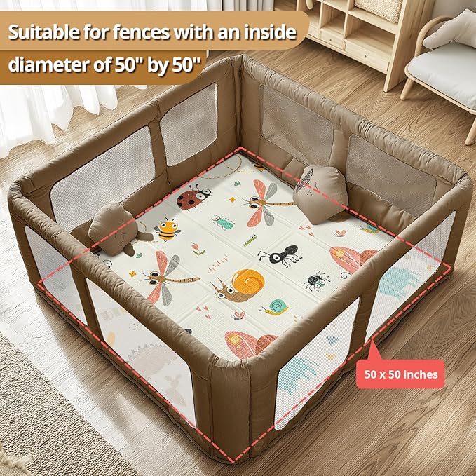Foldable Baby Play Mat, PIGLOG 50" x 50" Waterproof Playmat for Playyards for Babies, Safe Foam Playmat for Tummy Time, Reversible Playmats, Portable Floor Mat for Infant, Toddler，Dragonfly + Ant