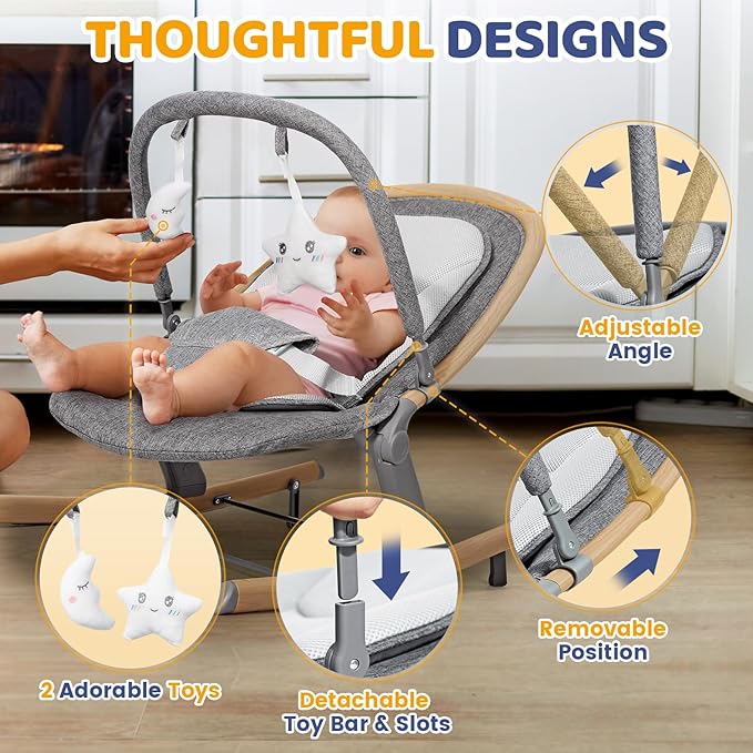 Orzbow Baby Rocker Chair & Infant to Toddler Rocker with 3 Recline Positions, Includes Removable Play Bar & Mesh Cushion, Detachable and Foldable, Fits Newborn 0-30 Months Up to 40 lbs, Wood Grain