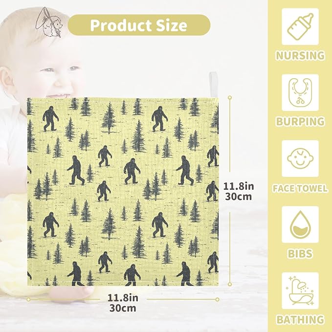 Newborn Face Towel Bigfoot Soft Cotton Baby Washcloths 11.8 x 11.8 Inch Infants Girls Boys Muslin Burp Cloths 5 Pack