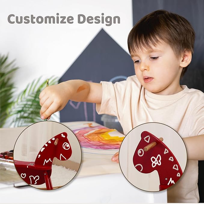 Red Wooden Rocking Horse Funny for Toddlers (Ages 2-4) - Solid Rubber Wood, Smooth Surface for Creative Decoration, Minimalist Rocking Horse, Vintage