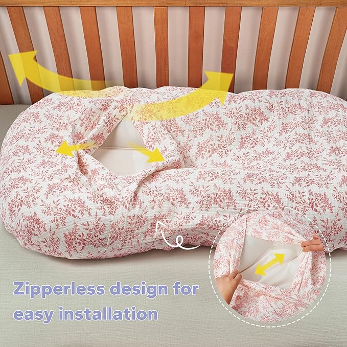 FUNUPUP Muslin Baby Lounger Cover Compatible with Snuggle Me Lounger, Infant Pillow Cover for Newborn, Removable Nest Slipcover for Boys and Girls, Only Cover, Pink & Pink Leaves