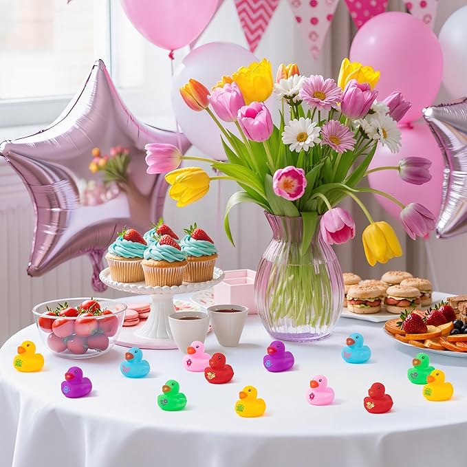 Haooryx Spring Mini Rubber Duck - 120Pcs Spring Holiday Colorful Novelty Duck Squeak Bathtub Float Bath Toy for Classroom Reward Birthday Gift Easter Decor Basket Stuffer Pool Party Favor Supplie