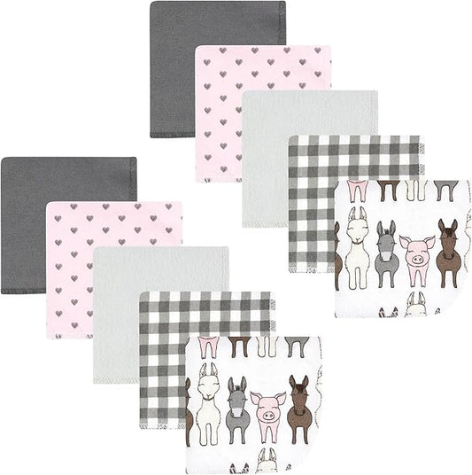Hudson Baby Unisex Baby Flannel Washcloths, Farm Friends Pink 10Pk, One Size