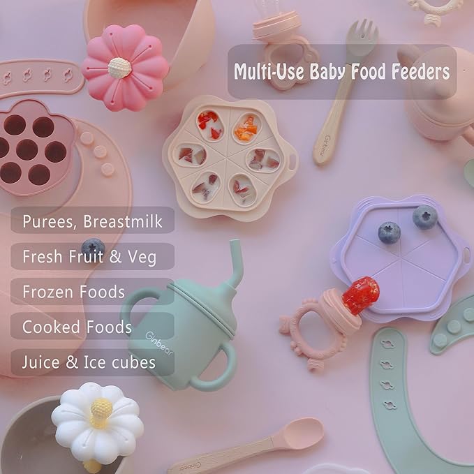 Ginbear Baby Fruit Food Feeder & Popsicle Molds Combo (Set of 2), Silicone Teething Feeders with Freezer Tray for Infants 4 Months+ (Pink/Lilac)