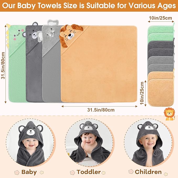 CandyHome 12 PCS Baby Bath Towels Set for Infants Toddlers, 4 PCS Animal Hooded Baby Towels & 8 PCS Washcloths Set, Ultra Absorbent Cute Soft Newborn Bath Essentials Gifts for Boys & Girls